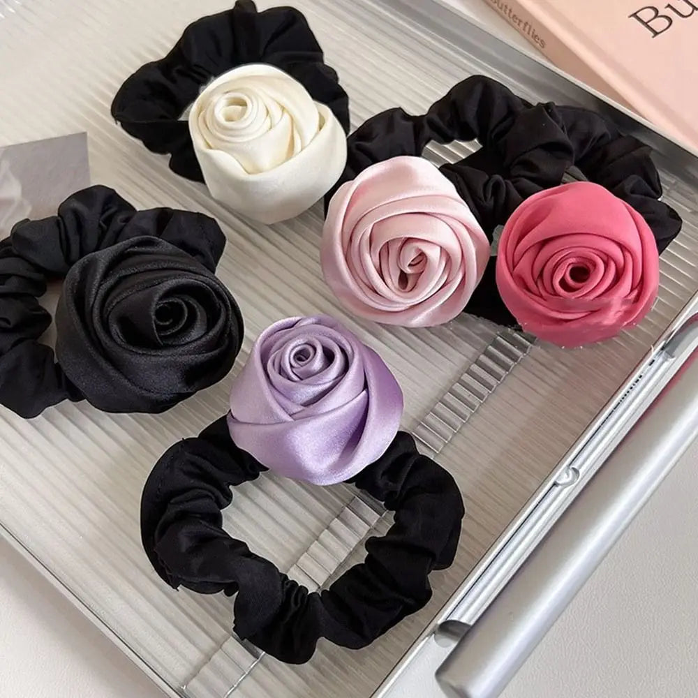 Sweet Flower Rose Hair Rope Hair Tie Scrunchies Silk Satin Hair Rope Korean Style Headwear Elastic Hair Band Ponytail Holder