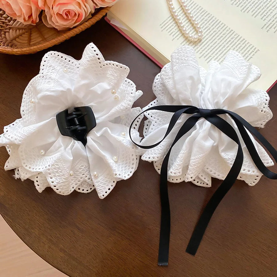 Fresh Acrylic Fabric Flowers Hair Claw Clip for Women Elegant Bow Lace Imitation Pearls Hair Scratch Sweet Hair Accessories B1