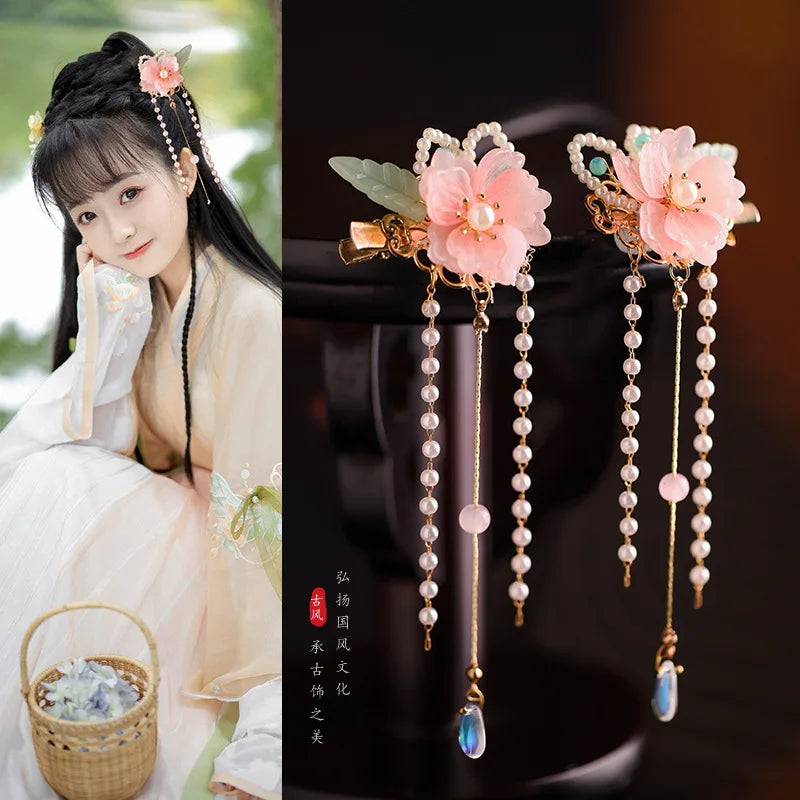2pcs Chinese Hanfu Hair Clips Hairpins Flower Girls Pink Barretes Crystal Tassel Children Hair Accessories Jewelry Headwear
