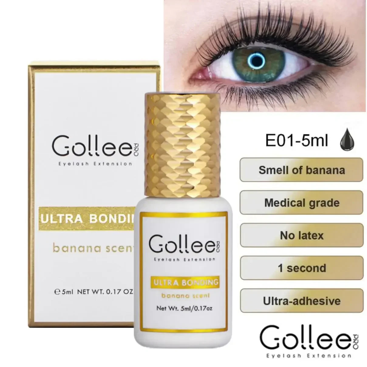 Gollee 0.5S Glue for Eyelashes Extra Strong Glue 50-60days Black Eyelash Glue Lash Extension Supplies Adhesive for Eyelash