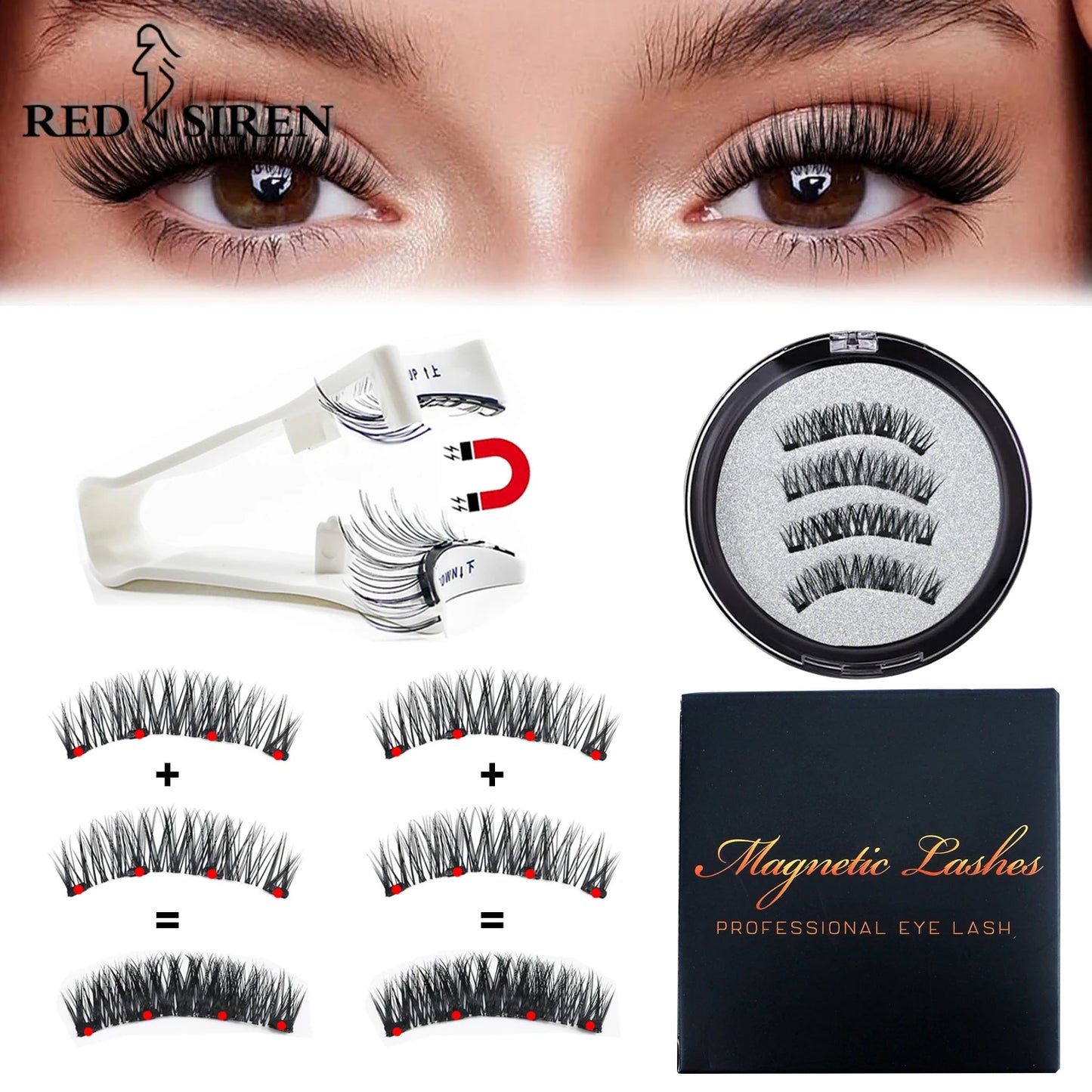 RED SIREN Magnetic Eyelashes With Applicator Reusable Natural Magnetic Lashes Kit No Glue Needed Soft Clear Band False Eyelashes