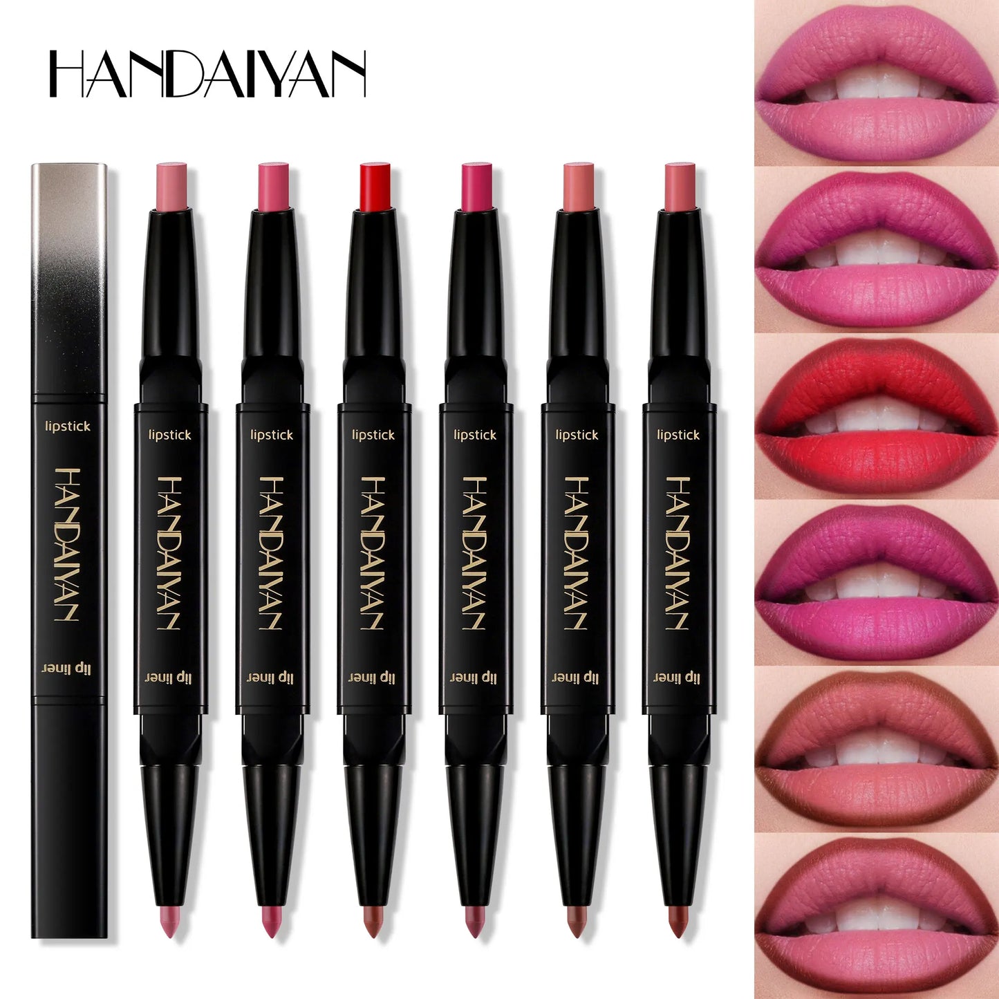 HANDAIYAN 2 in 1 Double-end Matte Lipstick Pencil Lipliner Waterproof Long Lasting Matte Lip Liner Pen 6 Colors Lipsticks Makeup