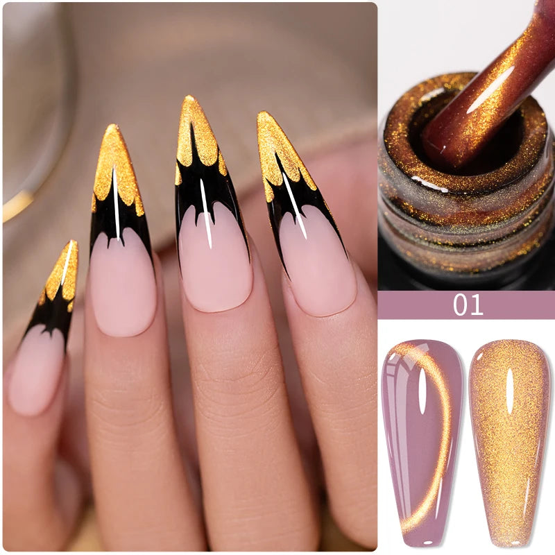 PUENTE 7.5ML Golden Gems Cat Magnetic Gel Nail Polish Pink Brown Blue Colors Golden Glitter Cat Eye Soak Off UV Nail Art Varnish