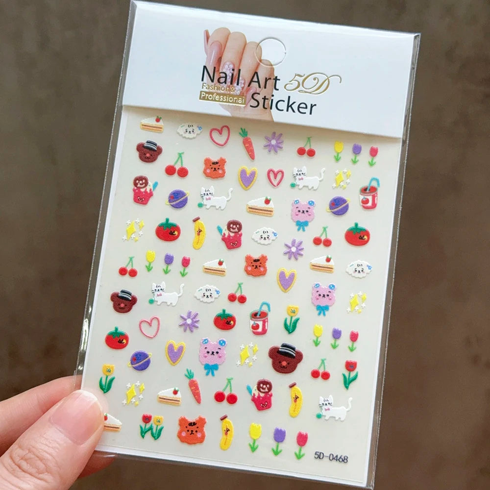 1PC 5D Macaron Flower/Fruit Nail Charms Sticker Embossed Bear/Rabbit/Letter Nails Slider Decals Summer Adhesive Manicure Decor&Y