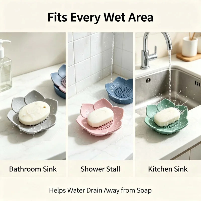 2Pcs Lotus Design Silicone Soap Holder with Drain, Drainage Soap Box, Portable Bathroom Shower Soap Storage Accessory
