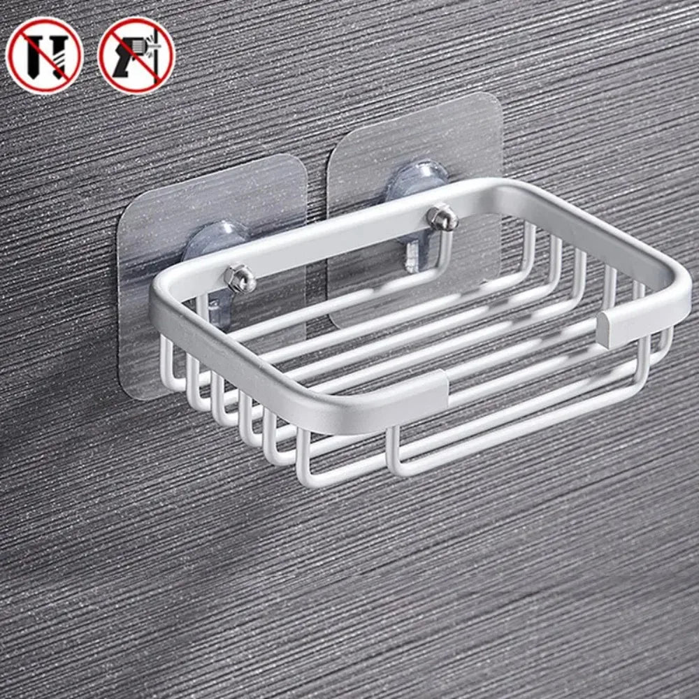 Quality Wall Mounted Soap Dish Self-adhesive Drill Free Metal Soap Holder Hollow Type Aluminum Soap Storage Rack Bathroom