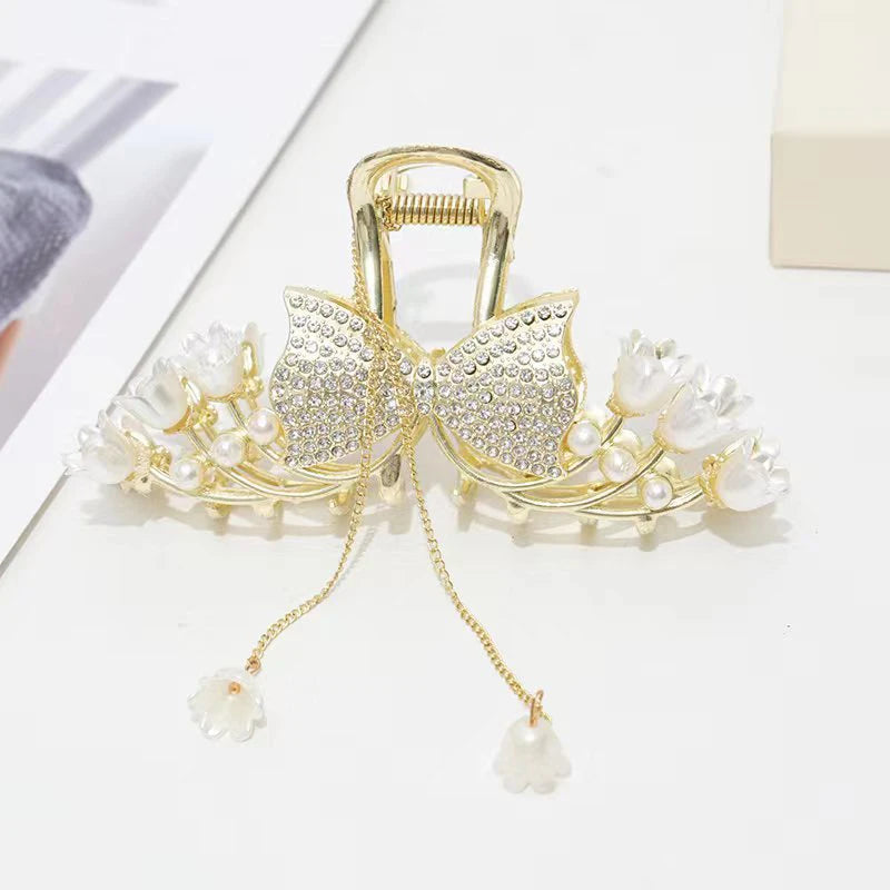Rhinestone Tassel Hair Claw Golden Bow Flower Hair Clip Hairpin For Women Elegant Ponytail Fashion Hair Accessories