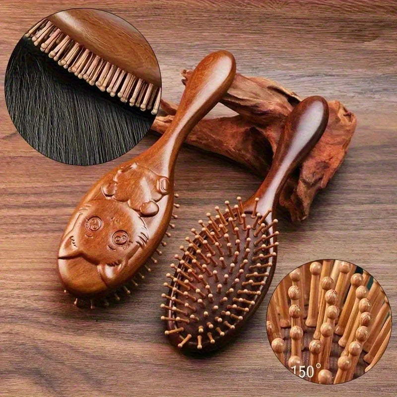 1Pc Sandalwood & Bamboo Air Cushion Brush - Gentle Scalp Massage Comb for All Hair Types with Unique Animal & Floral Designs