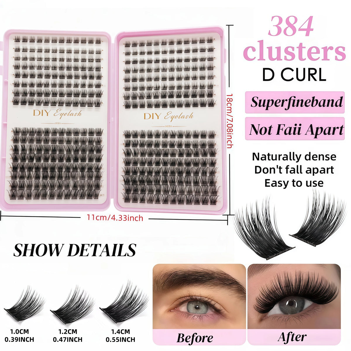 384 Bundles of False Eyelashes - with a 0.07 mm Curling Degree, a Naturally Slender Mixed Length (9 - 16 mm) - an Easy-to-Use Cu