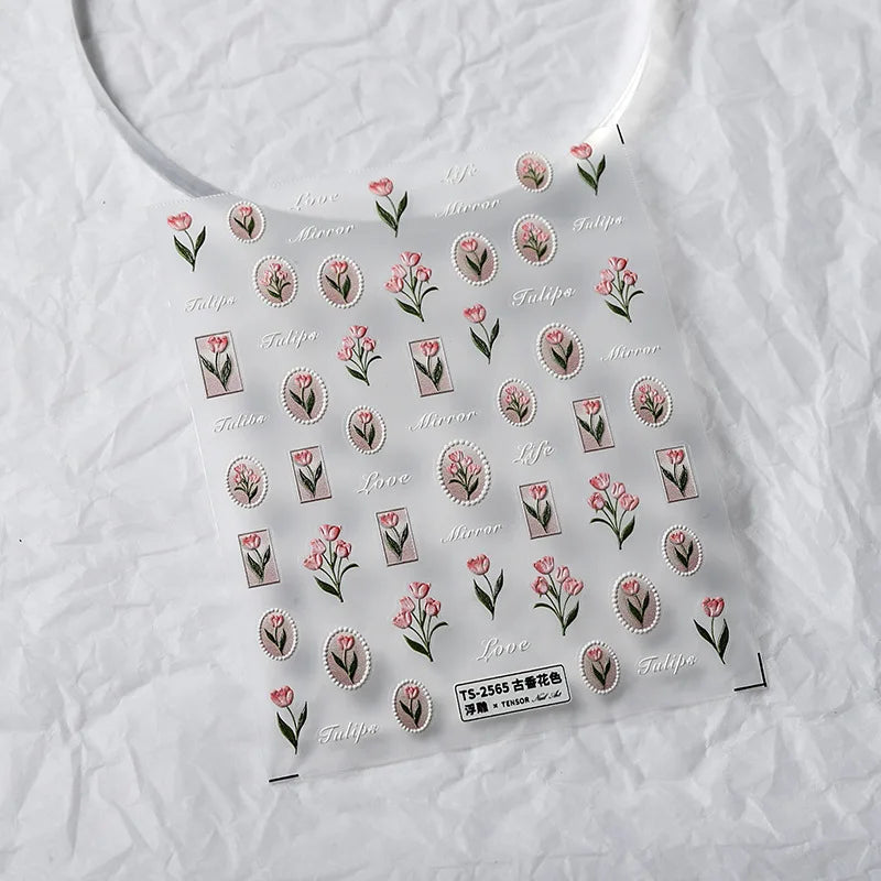 1piece 5Dcute tulip flower nail stickers high quality self-adhesive embossed nail art decals for girls summer decoration sticker