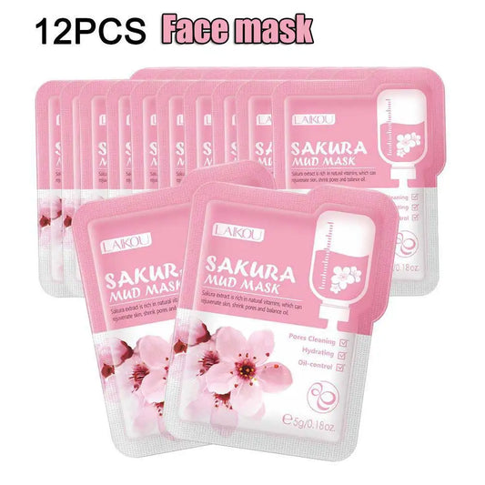 12pcs Sakura Mud mask Brightening Hydrating Face Mask Luminious Skin Clean Facial Cleansing Clay Hydrating Anti Wrinkle Skincare
