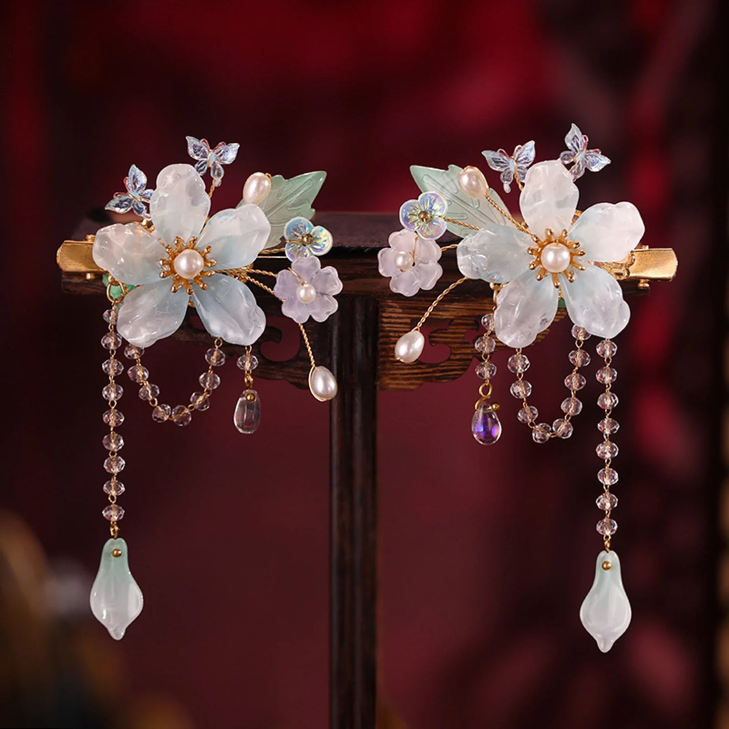 2pcs Chinese Hanfu Hair Clips Hairpins Flower Girls Pink Barretes Crystal Tassel Children Hair Accessories Jewelry Headwear