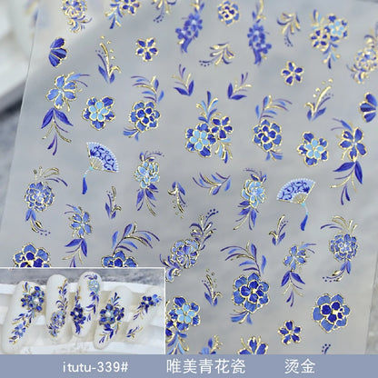 Japanese Vintage Red & Blue Rose Flower Laser Gold Silver Nail Stickers Nail Art Decal Design Manicure Tool High Quality