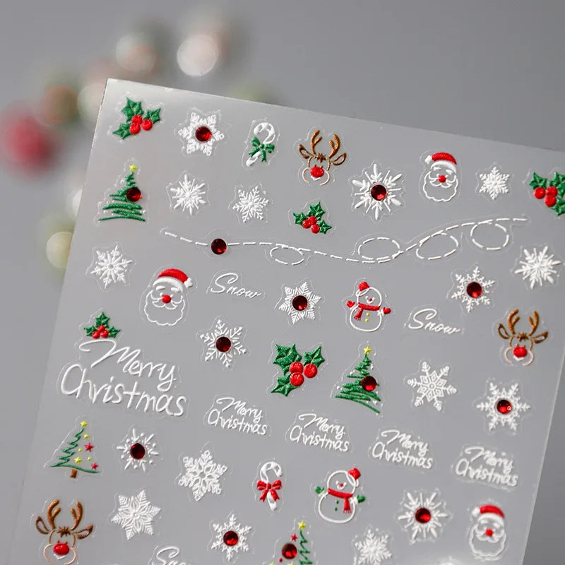 Gold Snowflake Bowknot Snowman Lovely Christmas 3D Self Adhesive Nail Art Sticker Rhinestone 5D Embossed Reliefs Manicure Decals