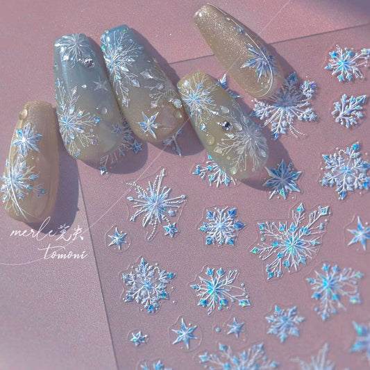 Flying Snowflakes Cold Winter Geometric Hexagon Star Romantic Adhesive Nail Art Stickers Embossment Rhinestone Manicure Decals