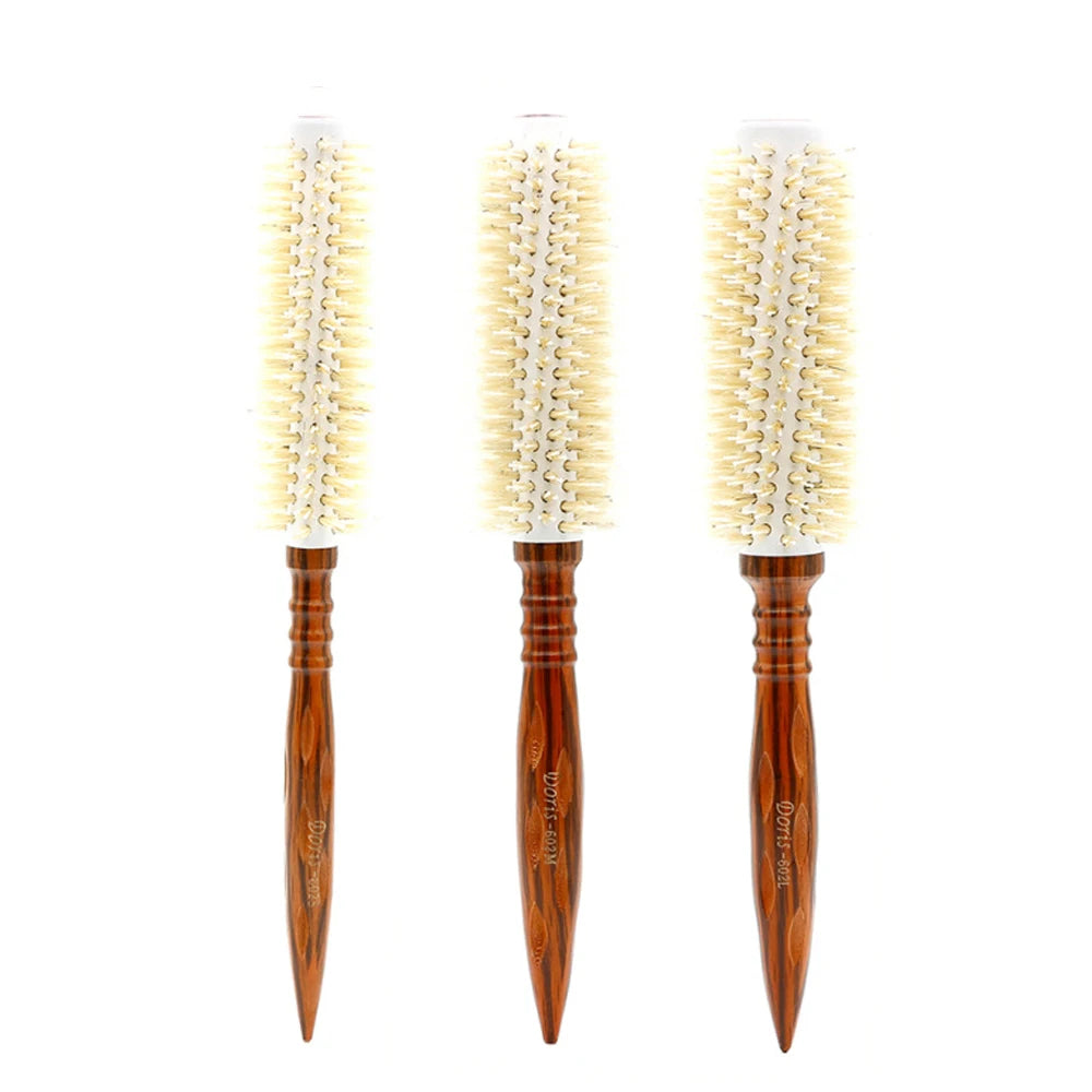 3Sizes Natural Boar Bristle Round Hair Brush Wooden Point Tail Curling Comb Salon Blow Dry Styling Brush for Fluffy Curls Bangs