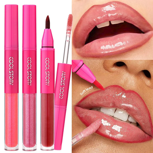 2 in 1 Matte Lip Liner Mirror Lip Gloss Waterproof Plumping Stain Hydrating Shiny Transparent Lip Oil Jelly Lips Contour Makeup