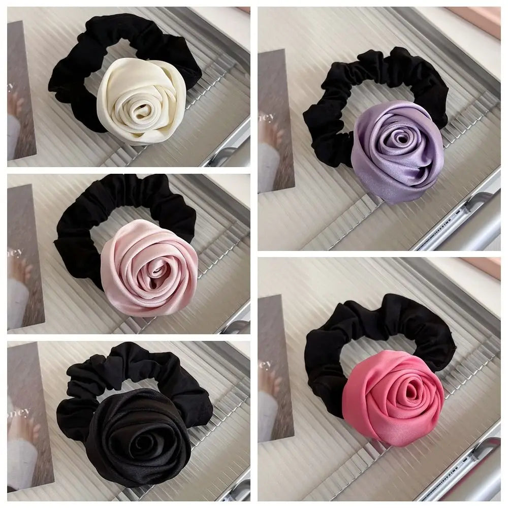 Sweet Flower Rose Hair Rope Hair Tie Scrunchies Silk Satin Hair Rope Korean Style Headwear Elastic Hair Band Ponytail Holder