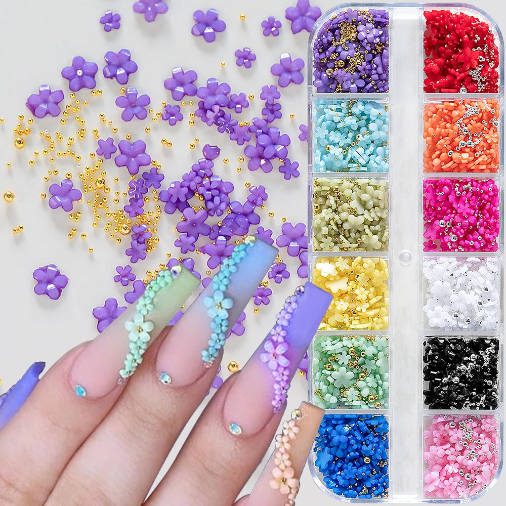 12Grids/Box Five-Petal Flower/Steel Beads Nail Art Charms Mixed-Size Flowers Gold/Silver Ball Rhinestones DIY Manicure Diamonds