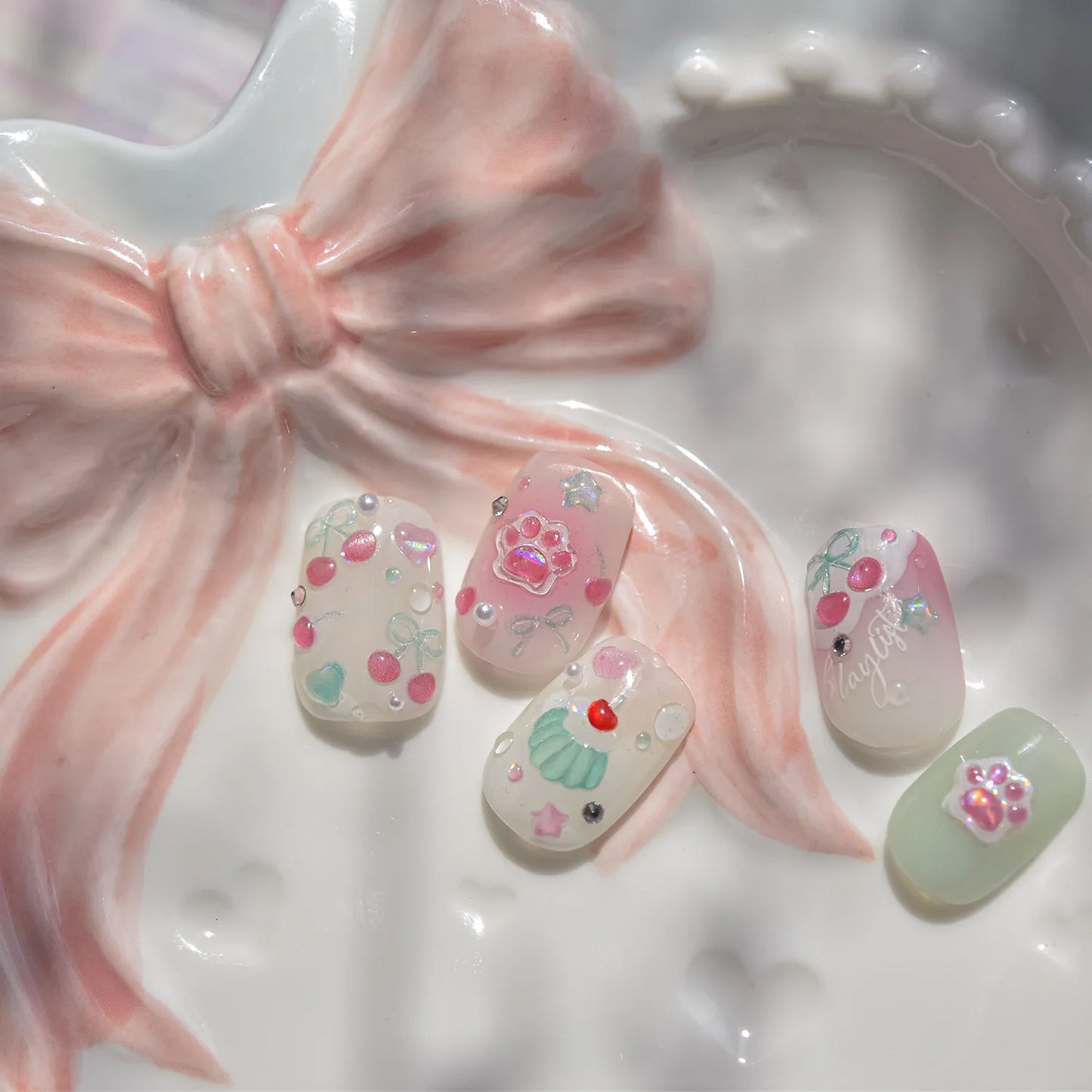 1pcs Cute Small Cat Claw Cherry Nail Art Charms Stickers Shiny 5D Jelly Cherry Pudding Bows Design Adhesive Sliders Nail Decals