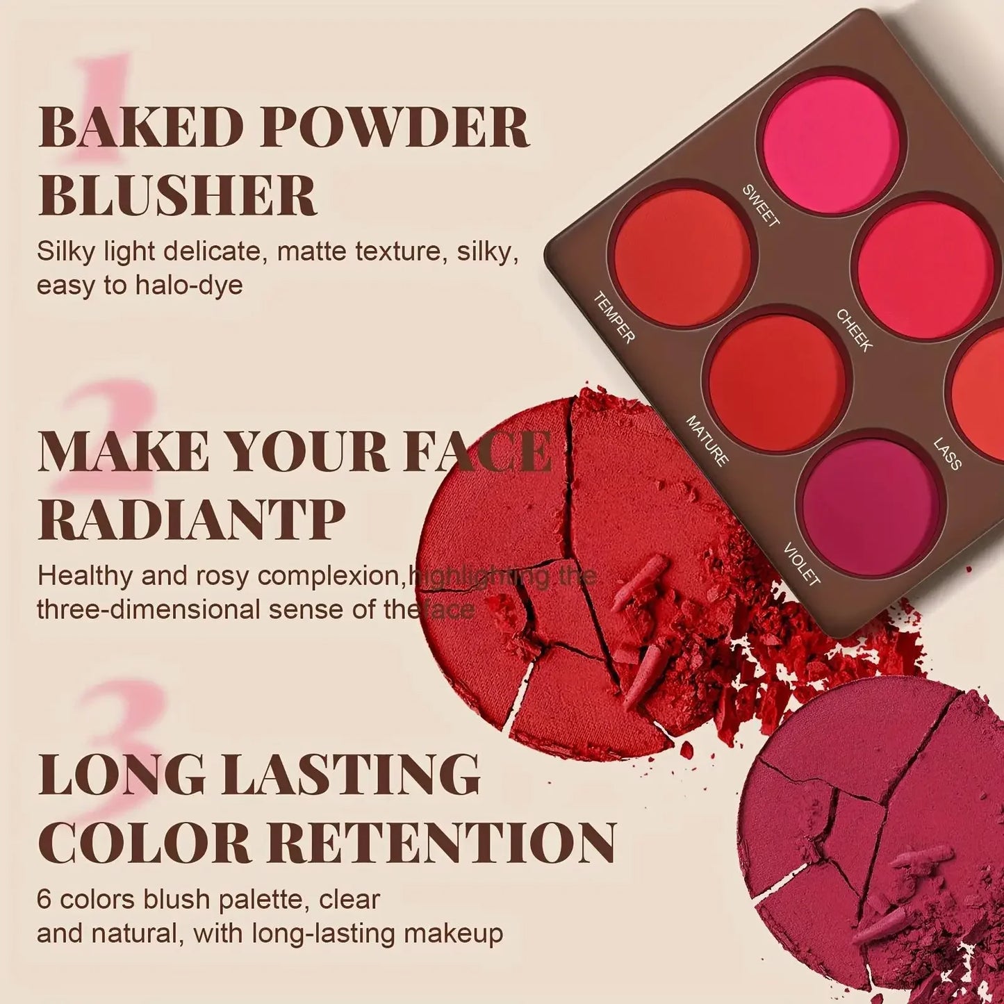 6 Colors Waterproof Matte Blush Palette Medium Buildable Coverage Long-Lasting Natural Finish Light and breathable,