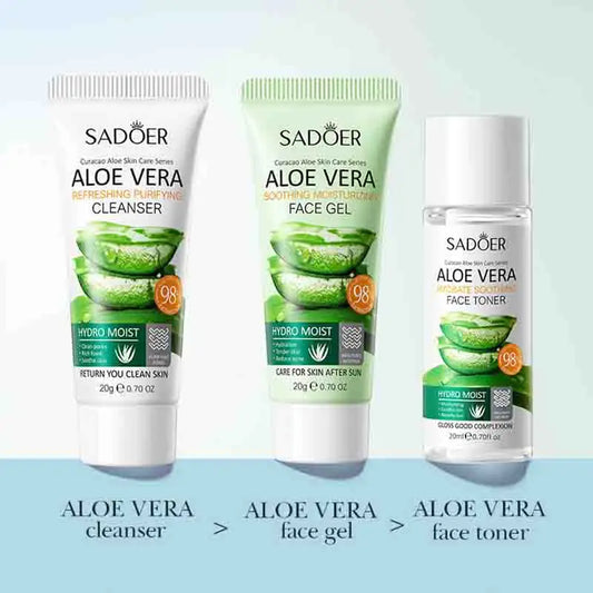 3pcs SADOER Aloe Vera Skin Care Sets Face Wash Facial Cleanser Aloe Gel Toner Face Cream Moisturizing Anti-aging Skin Care Kit