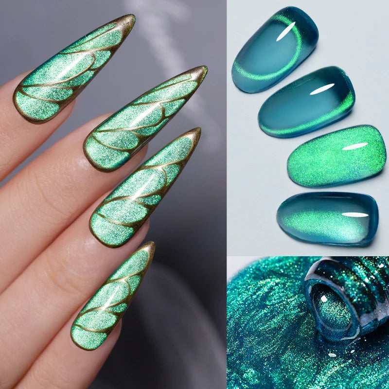 PUENTE 7.5ML Golden Gems Cat Magnetic Gel Nail Polish Pink Brown Blue Colors Golden Glitter Cat Eye Soak Off UV Nail Art Varnish
