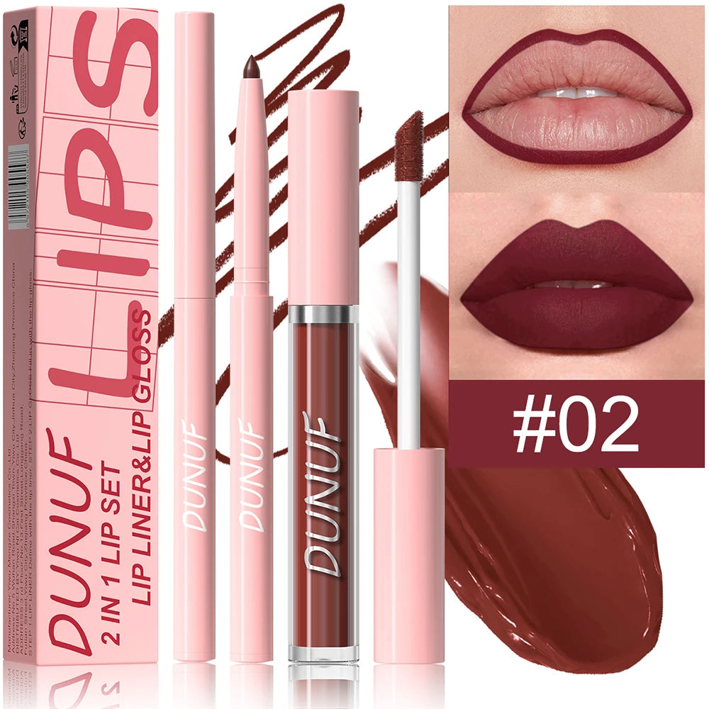 Matte Lip Gloss Lip Liner Set, 2pcs Waterproof Non-sticky Long-Lasting Lipstick, Nude Deep Red Mauve, Y2K Makeup Christmas Gift