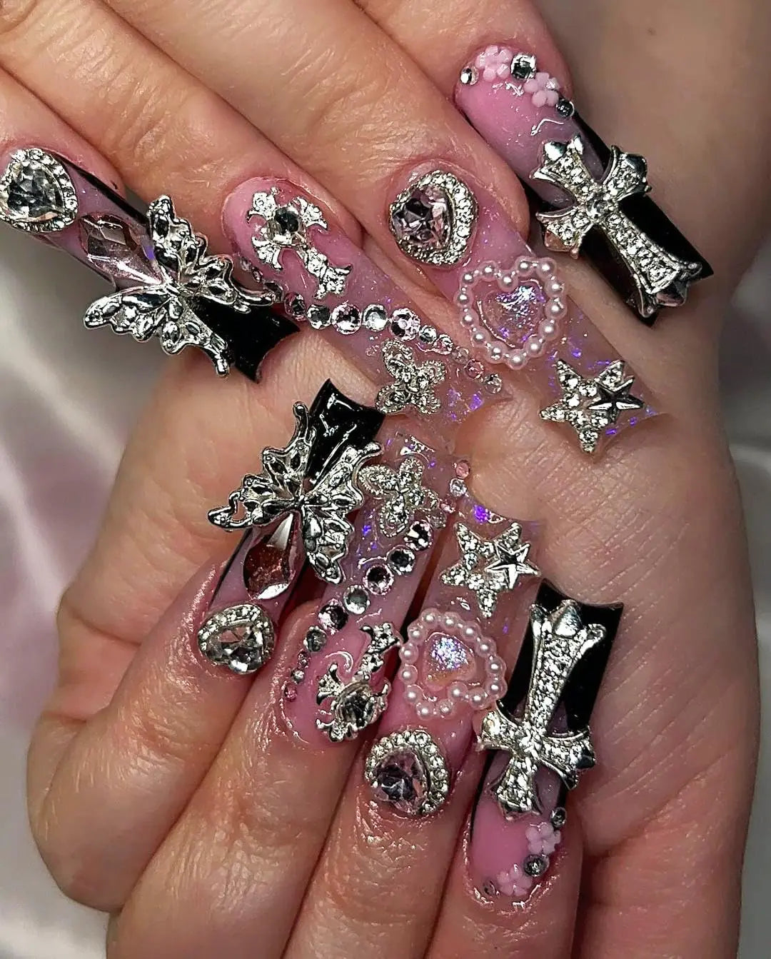 42PCS 3D Star Nail Charms and Gems Silver Rhinestones for Nails Y2K Nail Jewels for Nail Art