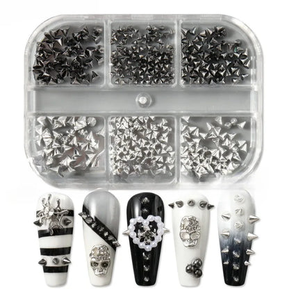 6 Grids Y2K Punk Metal Rivet Nail Charms Cone Mixed Sized Black Silver Gold Nail Art Studs 3D Stylish Alloy Spike Nails tool