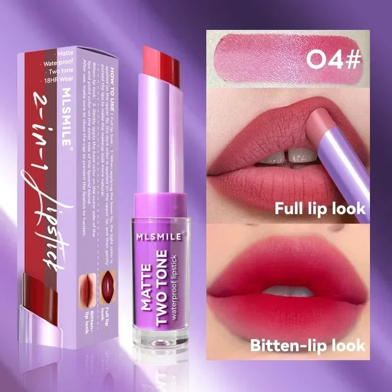 2 in 1 Matte Two Tone Waterproof Lipstick Long-lasting High-Pigment Color Lipliner Lipsticks Bitten-lip Gradual Change Lip Color