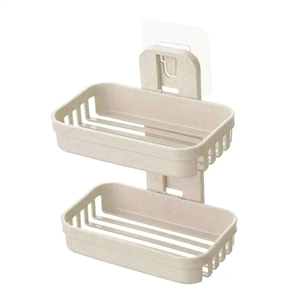 Self Adhesive Soap Dish Holder Wall Mounted Double Drain Soap Box Removable Plastic Soap Storage Basket For Bathroom