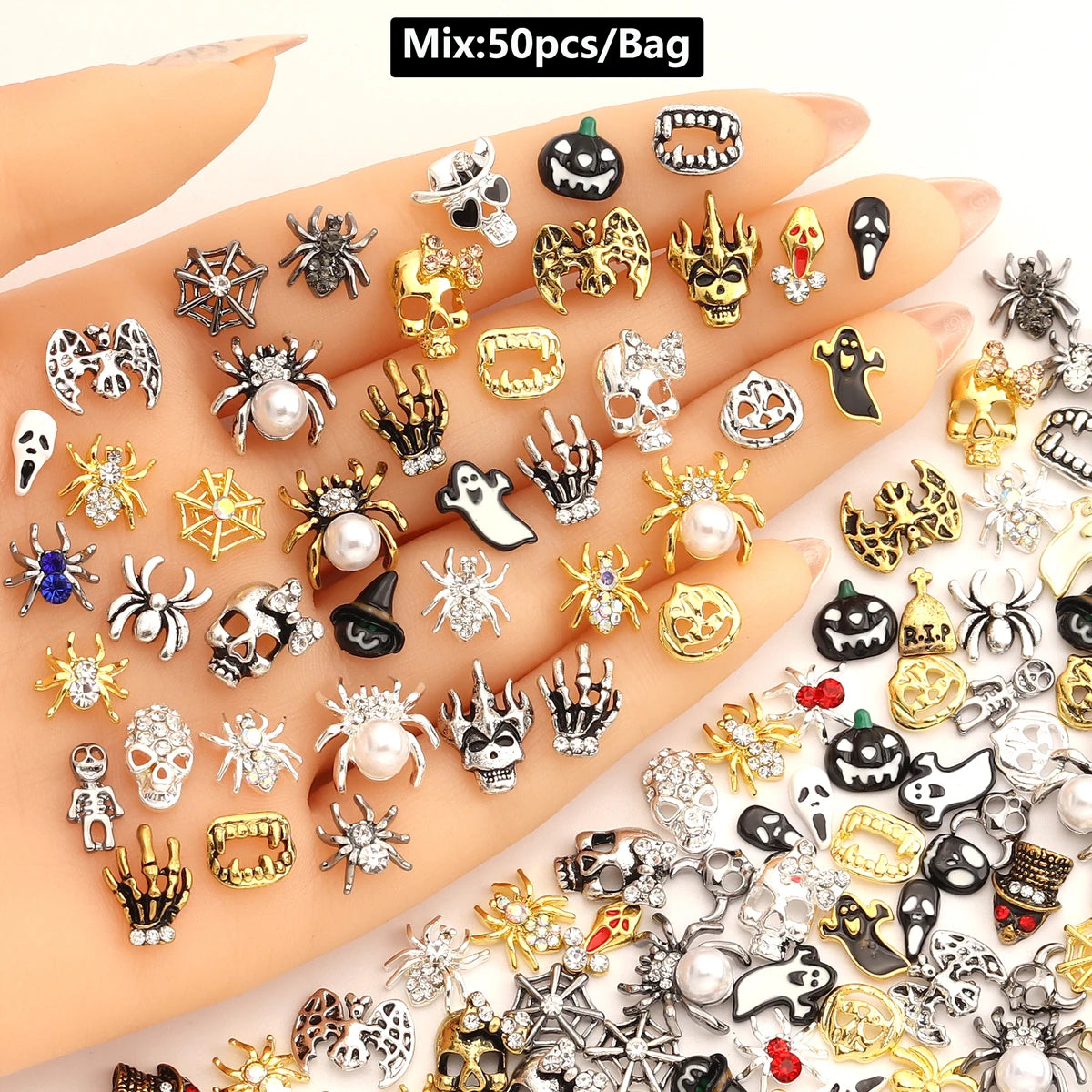Mix 50pcs 3D Luxury Metal Nail Art Decorations Alloy Shiny Rhinestones Pearl Gems Zircon Diamond Charm DIY Nail Accessories