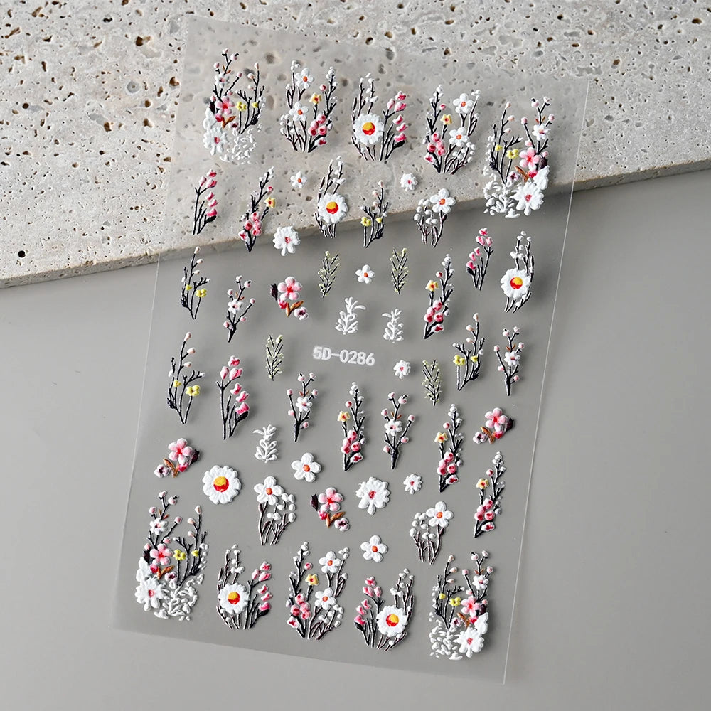 1PC 5D Macaron Flower/Fruit Nail Charms Sticker Embossed Bear/Rabbit/Letter Nails Slider Decals Summer Adhesive Manicure Decor&Y