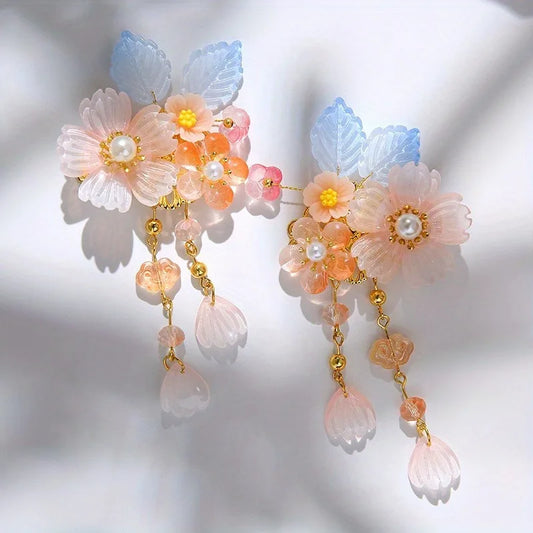 2pcs Chinese Women Hair Clips Flower Pearl Hairpin Vintage Hanfu Decor Barrettes Retro Wedding Headpiece Hair Jewelry Headdress