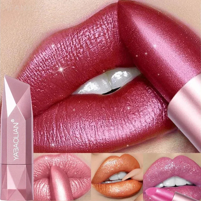 Diamond Nude Rose Pink Lipstick Waterproof Long Lasting Pearlescent Glitter Velvet Lipstick Golden Sparkle Metallic Lips Makeup