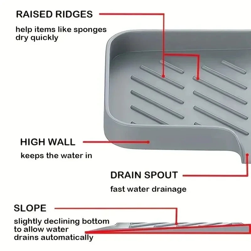 Self Draining Soap Bar Holder Silicone Kitchen Sink Soap Dish Sponge Tray Counter Caddy Organizer for Dish Soap Dispenser
