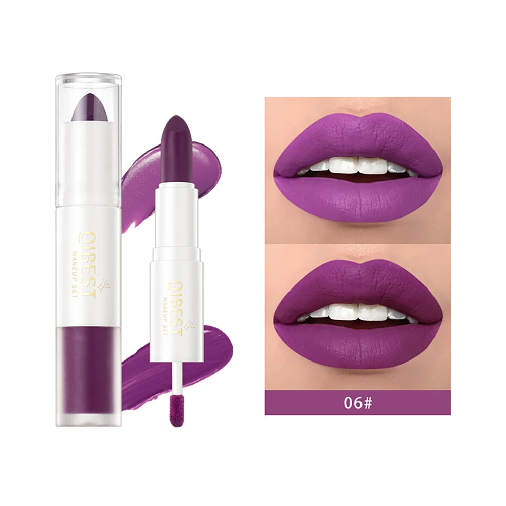 QIBEST 10 Colors 2 in 1 Matte Lipstick Lip Gloss Cosmetics Waterproof Double Head Red Purple Lipstick Long Lasting  Lips Makeup