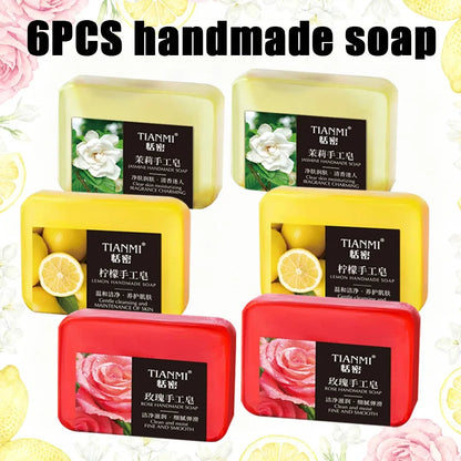 6PCS fruit floral handmade soap, jasmine, rose, lemon handmade soap, gentle cleaning, bathing the whole body, moisturizing