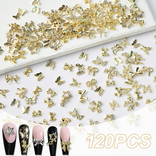120pcs/box 3D Gold Bow Butterfly Nail Metal Charms Shiny Cute Bowtie/Diamond Star Nail Jewelry 120 Luxury Nail Art Supplies #RE4