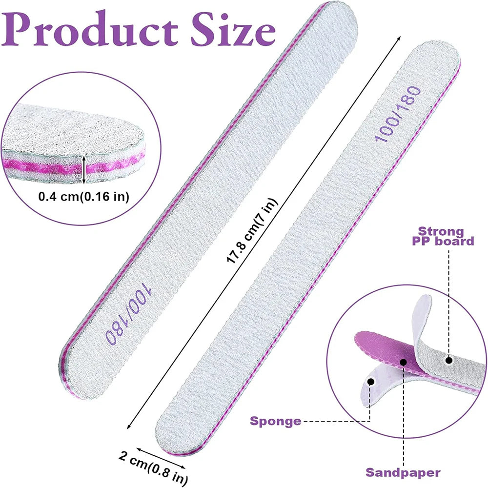 50Pcs/Lot Grey Sandpaper Nail File 100/180 Double Sided Buffer Block Polisher Pedicure Manicure Nail Art Files Nails Accesorios