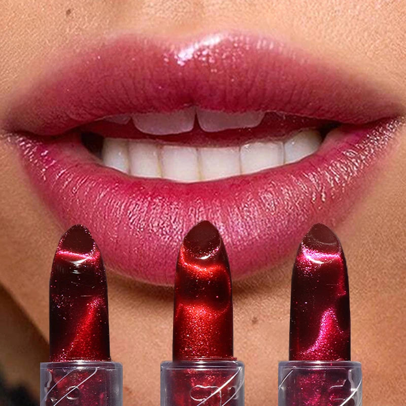Moisturizing Cat Eye Lipstick Mirror Glitter Metallic Lipstick Diamond Pink Pearl Sparkling Lip Gloss Color Changing Lips Makeup