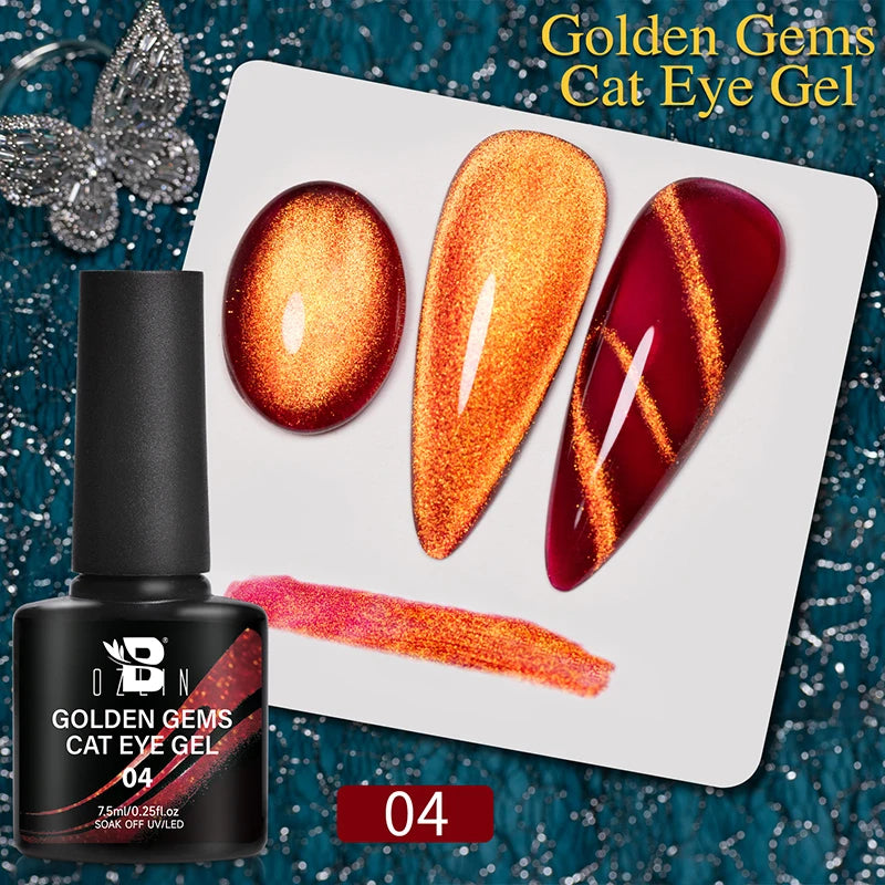 1- 6pc Golden Glitter Cat Magnetic Nail Gel Cat Eye Holographic Reflective Semi Permanent UV Gel Soak Off Sparkling Nail Art