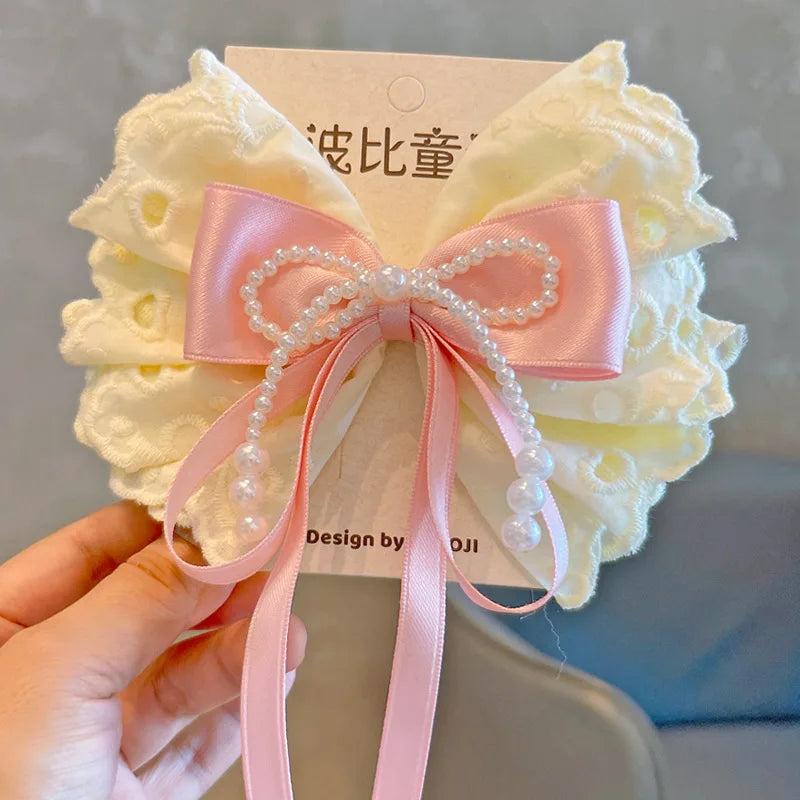 1PC New Pink Sweet Lace Cotton Bow Women's Pearl tassel Hairpin Sensation Top Clip Float Hair Accessories Headwear