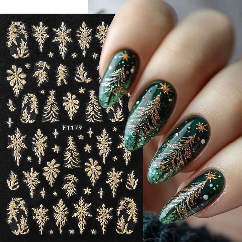 5pcs Sparkling Gold Glitter Christmas Nail Stickers Shiny Snowflake Xmas Tree Deer Polish Sliders Winter New Year Nail Art Decal