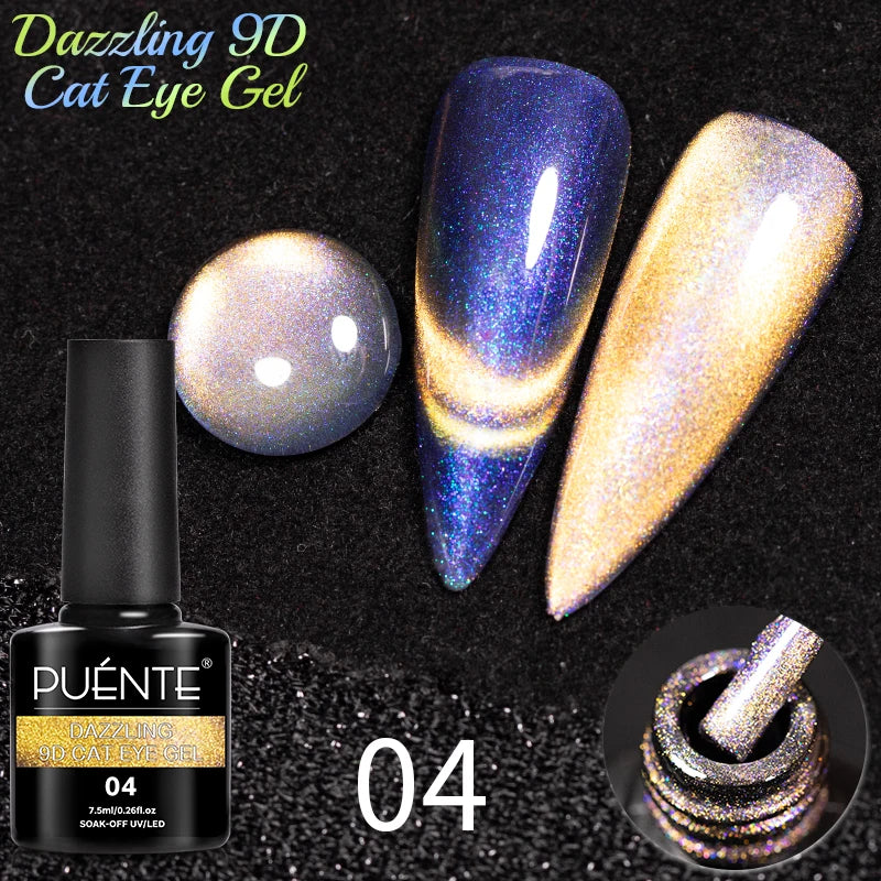 PUENTE 7.5ML Golden Gems Cat Magnetic Gel Nail Polish Pink Brown Blue Colors Golden Glitter Cat Eye Soak Off UV Nail Art Varnish