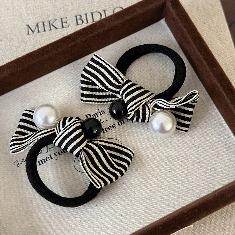 Simple Beach Hair Accessories Scrunchies for Hair Woman Accesories Pearl Striped Bow Girls Cute Items New Headwear Apparel