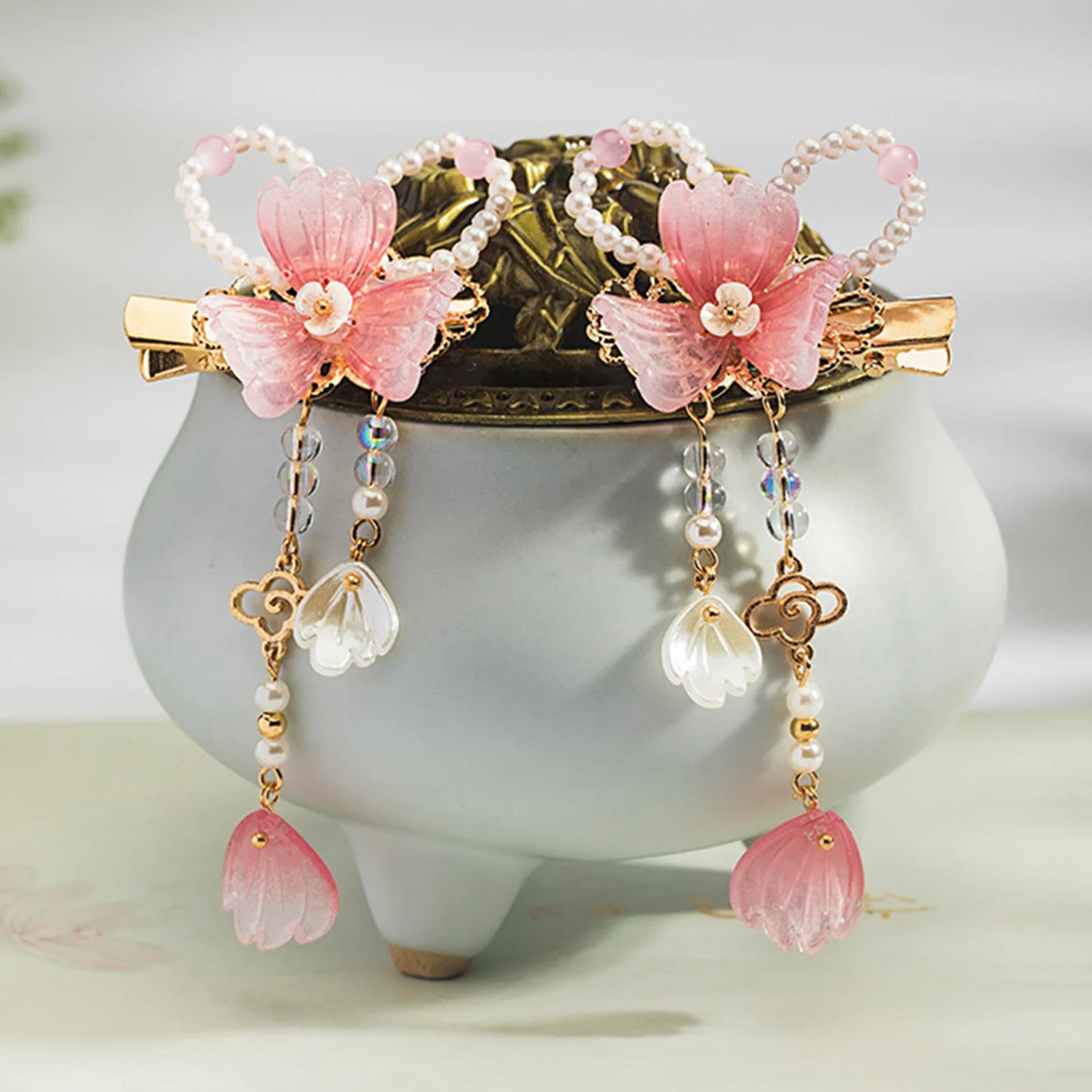 2pcs Chinese Hanfu Hair Clips Hairpins Flower Girls Pink Barretes Crystal Tassel Children Hair Accessories Jewelry Headwear