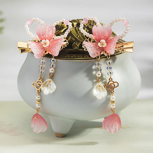 2pcs Chinese Hanfu Hair Clips Hairpins Flower Girls Pink Barretes Crystal Tassel Children Hair Accessories Jewelry Headwear