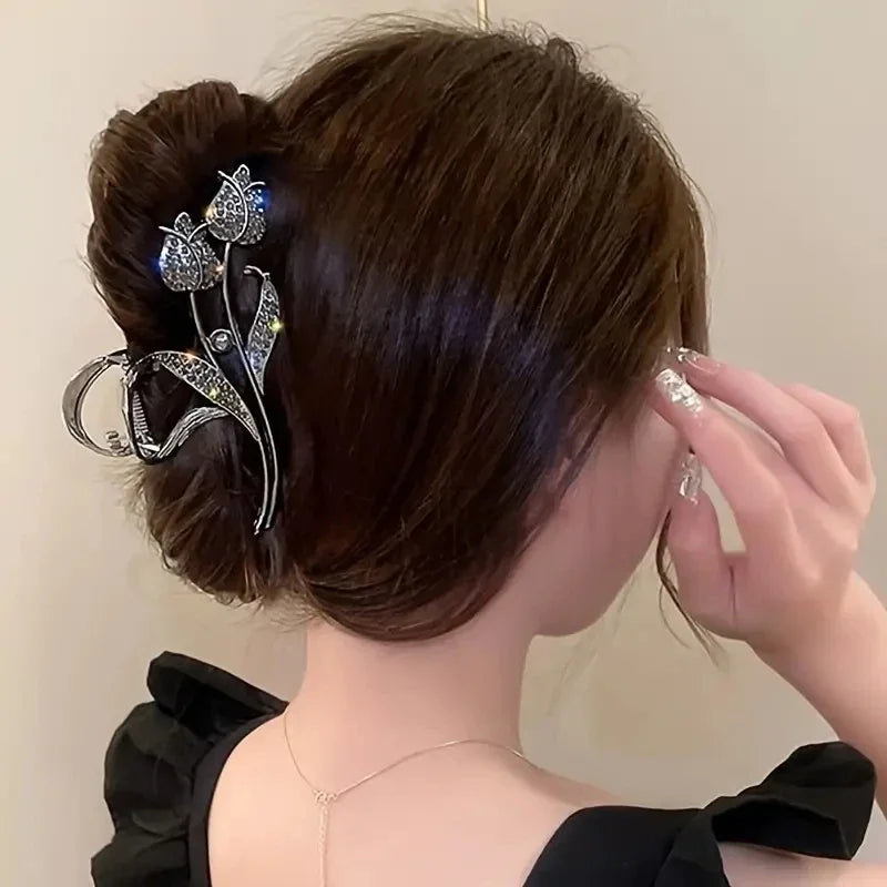 1pc Metal Tulip Shaped Hair Claws Clips With Rhinestone Faux Pearls Decor, Strong Hold Hair Clips For Thick Hair Ponytail Holder
